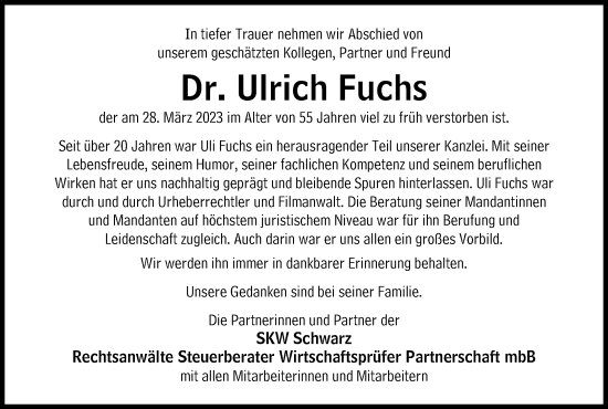 Traueranzeige von Ulrich Fuchs von Süddeutsche Zeitung