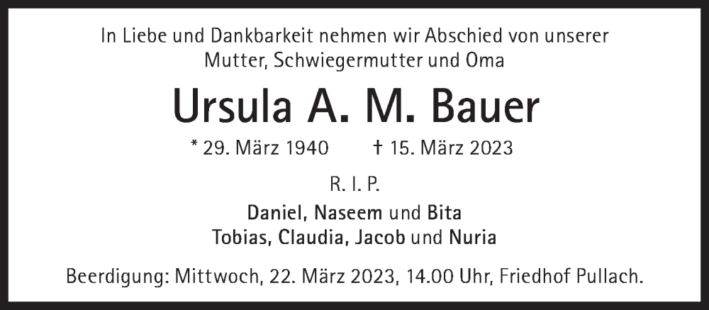  Traueranzeige für Ursula A.M. Bauer vom 18.03.2023 aus Süddeutsche Zeitung