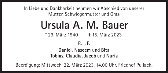 Traueranzeige von Ursula A.M. Bauer von Süddeutsche Zeitung