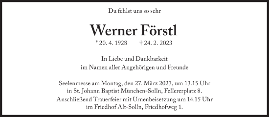 Traueranzeige von Werner Förstl von Süddeutsche Zeitung