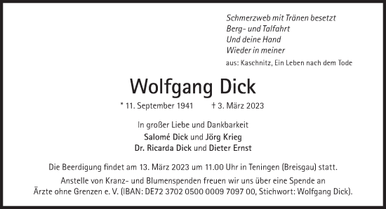 Traueranzeige von Wolfgang Dick von Süddeutsche Zeitung