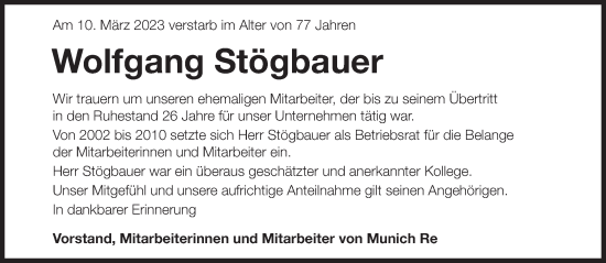 Traueranzeige von Wolfgang Stögbauer von Süddeutsche Zeitung