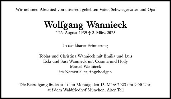 Traueranzeige von Wolfgang Wannieck von Süddeutsche Zeitung