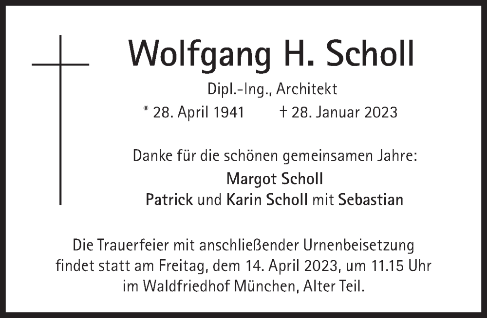  Traueranzeige für Wolfgang H. Scholl vom 01.04.2023 aus Süddeutsche Zeitung