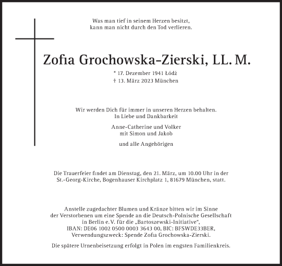 Traueranzeige von Zofia Grochowska-Zierski von Süddeutsche Zeitung