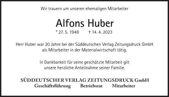Traueranzeige von Alfons Huber von Süddeutsche Zeitung