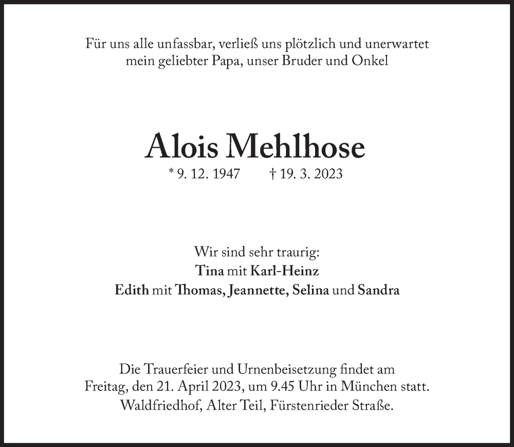  Traueranzeige für Alois Mehlhose vom 13.04.2023 aus Süddeutsche Zeitung
