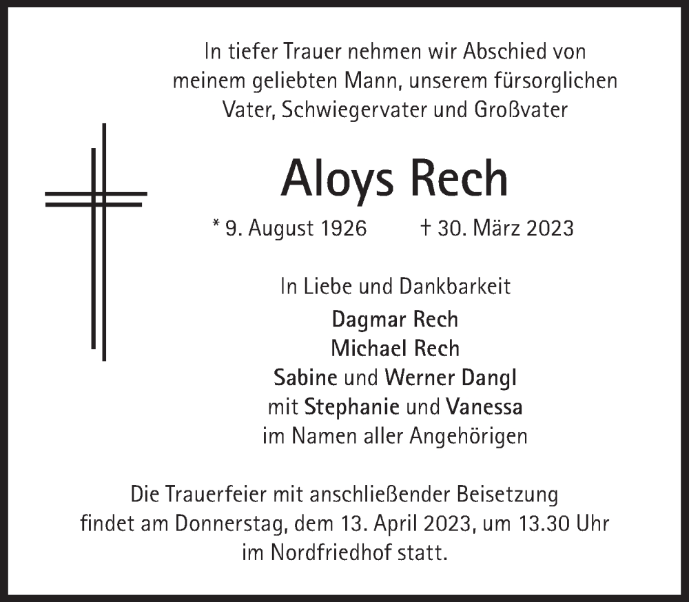  Traueranzeige für Aloys Rech vom 08.04.2023 aus Süddeutsche Zeitung