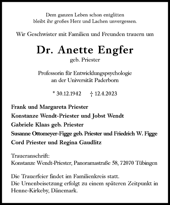 Traueranzeige von Anette Engfer von Süddeutsche Zeitung