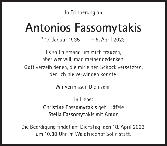 Traueranzeige von Antonios Fassomytakis von Süddeutsche Zeitung
