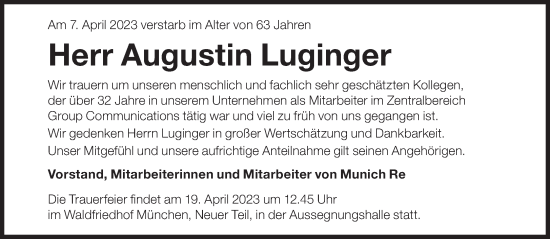 Traueranzeige von Augustin Luginger von Süddeutsche Zeitung