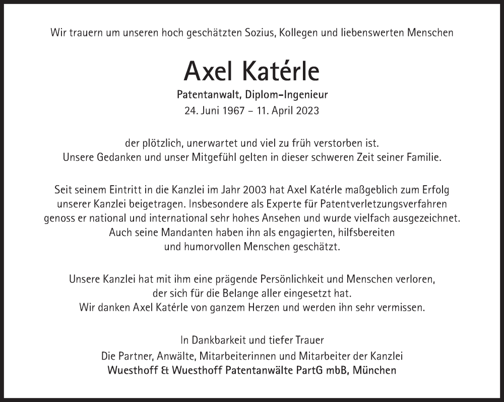  Traueranzeige für Axel Katérle vom 15.04.2023 aus Süddeutsche Zeitung