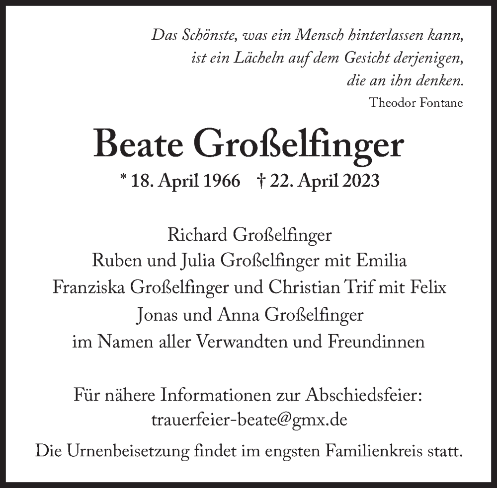  Traueranzeige für Beate Großelfinger vom 29.04.2023 aus Süddeutsche Zeitung