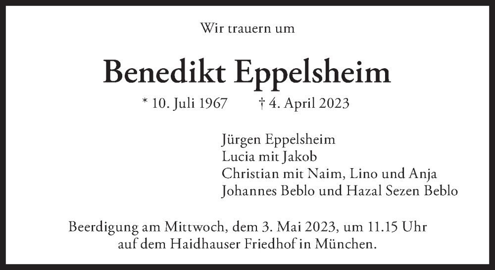  Traueranzeige für Benedikt Eppelsheim vom 22.04.2023 aus Süddeutsche Zeitung