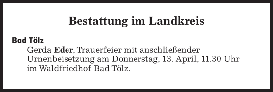 Traueranzeige von Bestattungen vom 13.04.2023 von Süddeutsche Zeitung