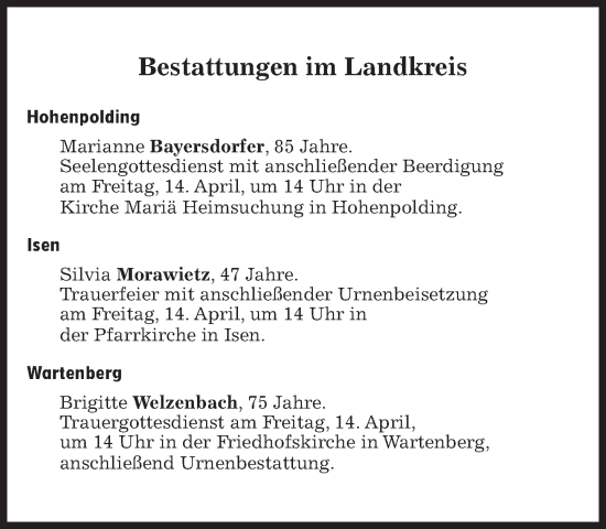 Traueranzeige von Bestattungen vom 14.04.2023 von Süddeutsche Zeitung