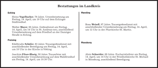 Traueranzeige von Bestattungen vom 14.04.2023 von Süddeutsche Zeitung