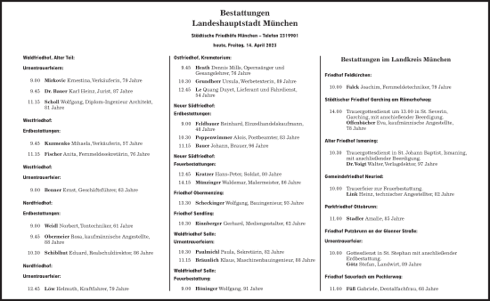 Traueranzeige von Bestattungen vom 14.04.2023 von Süddeutsche Zeitung