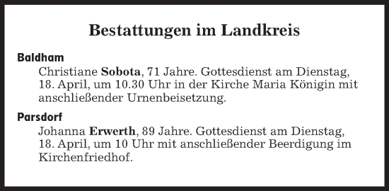 Traueranzeige von Bestattungen vom 18.04.2023 von Süddeutsche Zeitung