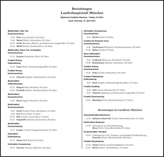 Traueranzeige von Bestattungen vom 18.04.2023 von Süddeutsche Zeitung