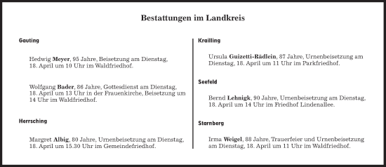 Traueranzeige von Bestattungen vom 18.04.2023 von Süddeutsche Zeitung