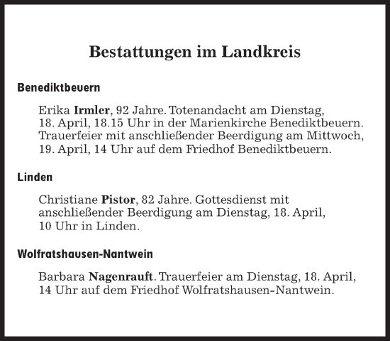 Traueranzeige von Bestattungen vom 18.04.2023 von Süddeutsche Zeitung