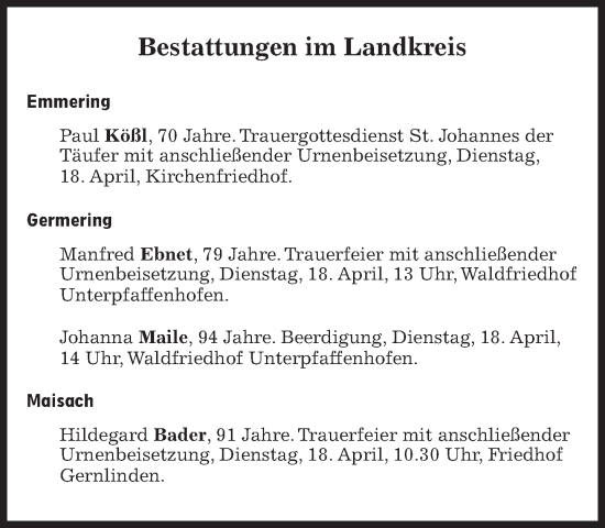 Traueranzeige von Bestattungen vom 18.04.2023 von Süddeutsche Zeitung