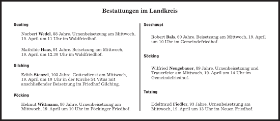 Traueranzeige von Bestattungen vom 19.04.2023 von Süddeutsche Zeitung