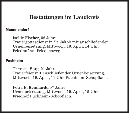 Traueranzeige von Bestattungen vom 19.04.2023 von Süddeutsche Zeitung