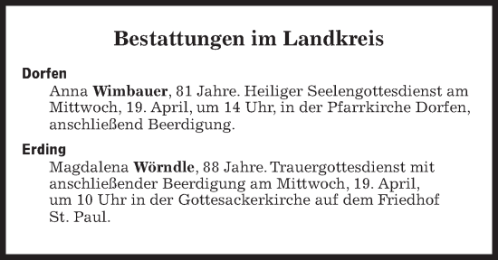 Traueranzeige von Bestattungen vom 19.04.2023 von Süddeutsche Zeitung