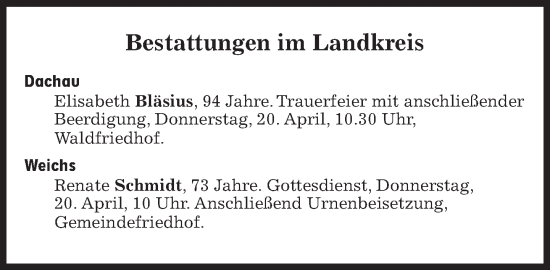 Traueranzeige von Bestattungen vom 20.04.2023 von Süddeutsche Zeitung