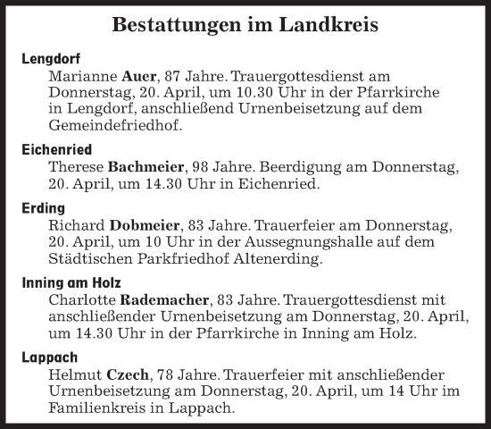 Traueranzeige von Bestattungen vom 20.04.2023 von Süddeutsche Zeitung