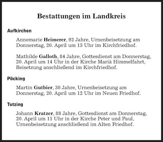 Traueranzeige von Bestattungen vom 20.04.2023 von Süddeutsche Zeitung