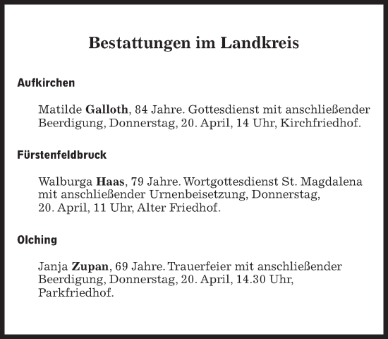 Traueranzeige von Bestattungen vom 20.04.2023 von Süddeutsche Zeitung