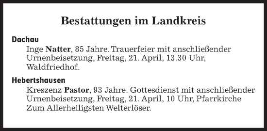 Traueranzeige von Bestattungen vom 21.04.2023 von Süddeutsche Zeitung