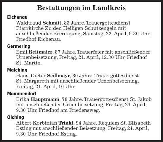 Traueranzeige von Bestattungen vom 21.04.2023 von Süddeutsche Zeitung