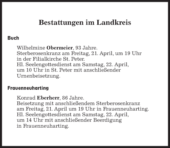 Traueranzeige von Bestattungen vom 21.04.2023 von Süddeutsche Zeitung