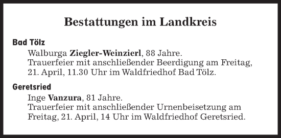 Traueranzeige von Bestattungen vom 21.04.2023 von Süddeutsche Zeitung