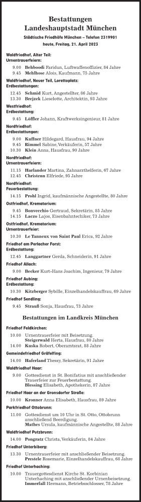 Traueranzeige von Bestattungen vom 21.04.2023 von Süddeutsche Zeitung