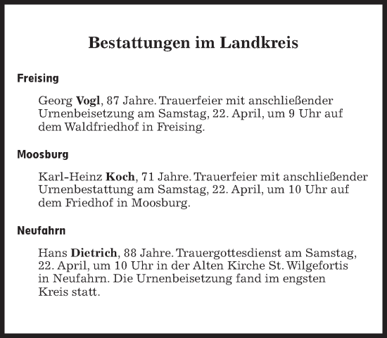 Traueranzeige von Bestattungen vom 22.04.2023 von Süddeutsche Zeitung