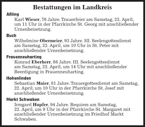 Traueranzeige von Bestattungen vom 22.04.2023 von Süddeutsche Zeitung