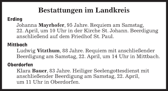 Traueranzeige von Bestattungen vom 22.04.2023 von Süddeutsche Zeitung