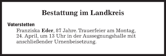 Traueranzeige von Bestattungen vom 24.04.2023 von Süddeutsche Zeitung