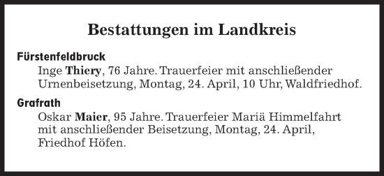 Traueranzeige von Bestattungen vom 24.04.2023 von Süddeutsche Zeitung