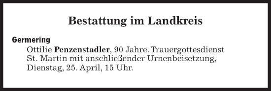 Traueranzeige von Bestattungen vom 25.04.2023 von Süddeutsche Zeitung