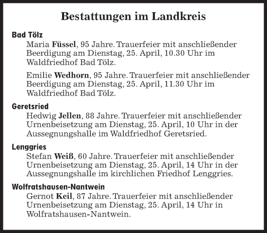 Traueranzeige von Bestattungen vom 25.04.2023 von Süddeutsche Zeitung