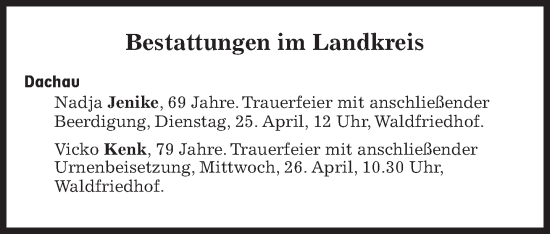 Traueranzeige von Bestattungen vom 25.04.2023 von Süddeutsche Zeitung