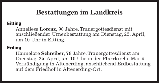 Traueranzeige von Bestattungen vom 25.04.2023 von Süddeutsche Zeitung