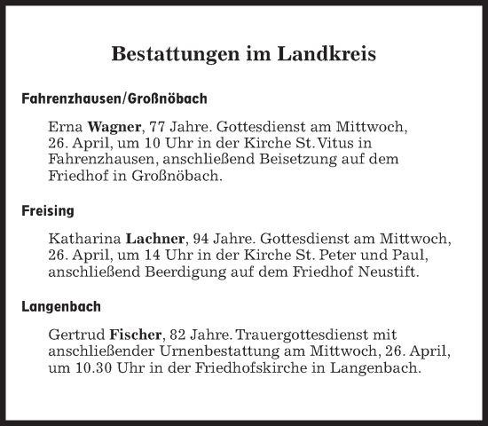 Traueranzeige von Bestattungen vom 26.04.2023 von Süddeutsche Zeitung