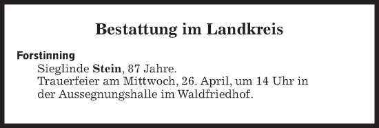 Traueranzeige von Bestattungen vom 26.04.2023 von Süddeutsche Zeitung